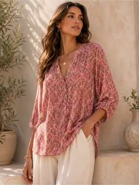 291. Grand & Greene Geometric Ikat Print Blouse | Split V-Neck | 20/30